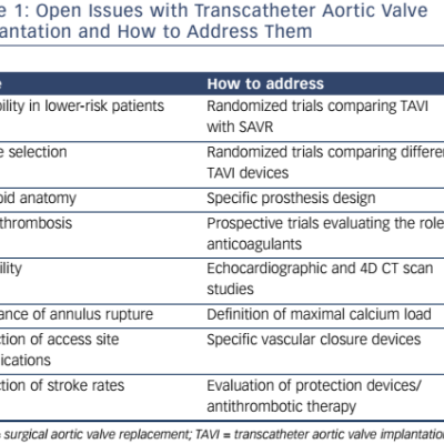 Table 1 Open Issues with Transcatheter Aortic Valve Implantation and How to Address Them