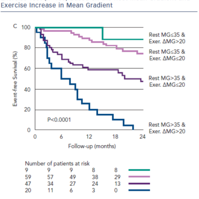 Figure 2 Event-free Survival CardioV&ampltsub&ampgtAS&amplt/sub&ampgtcular Death or Aortic Valve Replacement of Aortic Stenosis Patients with a Normal Exercise Test n135 Based on the Rest Mean Gradient and Exercise Increase in Mean Gradient