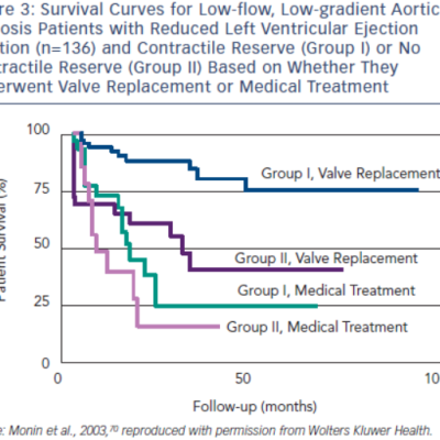 Figure 3 Survival Curves for Low-flow Low-gradient Aortic Stenosis Patients with Reduced Left Ventricular Ejection Fraction n136 and Contractile Reserve Group I or No Contractile Reserve Group II Based on Whether They Underwent Valve Replacement or Medical Treatment