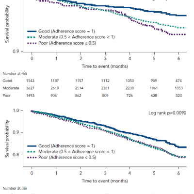 Figure 3 A All Cause Death or B CV Death or CV Hospitalisation in Heart Failure Patients with Good Moderate and Poor Physician Adherence to Guidelines