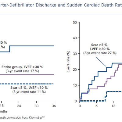 Figure 5 Implantable Cardioverter-Defibrillator Discharge and Sudden Cardiac Death Rates According to Ejection Fraction and Scar Burden