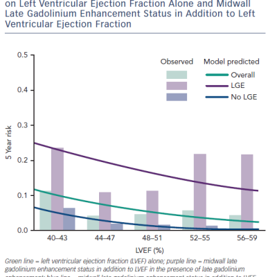 Figure 6 Five-year Risk Estimates for Primary Sudden Cardiac Death and Aborted Sudden Cardiac Death Based on Left Ventricular Ejection Fraction Alone and Midwall Late Gadolinium Enhancement Status in Addition to Left Ventricular Ejection Fraction