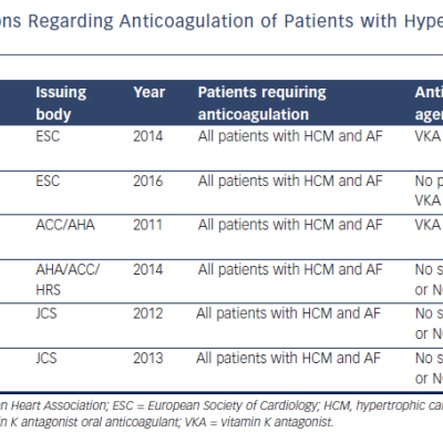 Table 2 Guideline Recommendations Regarding Anticoagulation of Patients with Hypertrophic Cardiomyopathy and Atrial Fibrillation