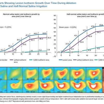 Charts Showing Lesion Isotherm Growth Over Time During Ablation with Normal Saline and Half-Normal Saline Irrigation