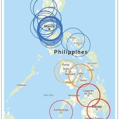 Figure 1 Map of Percutaneous Coronar Intervention-capable Hospitals and Their Geographic Areas of Responsibility in the Philippines