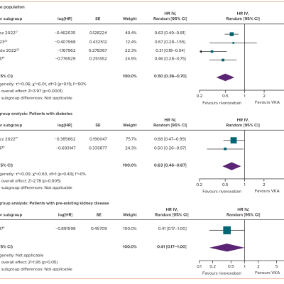 Figure 4 Comparison of Rivaroxaban and Vitamin K Antagonists on the Risk of Serum Creatinine Levels Doubling Among AF Patients