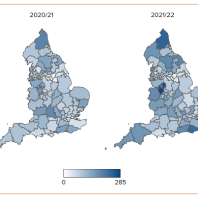 Figure 2 Transcatheter Aortic Valve Implantation Rates per Million Population in England across Individual Clinical Commissioning Groups between 2019/20 and 2022/23